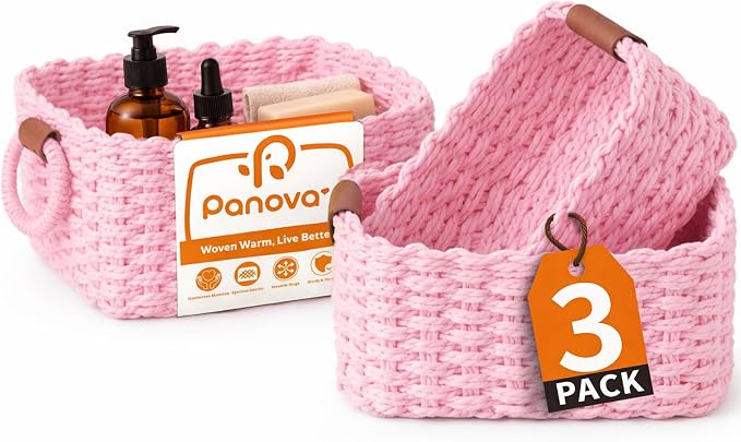 Storage Basket, Recycled Paper Rope Bathroom Basket Organizer, 3Pcs Small Baskets for Organizing, Mini wicker Basket for Decorative Storage Bins, Shelves, Bathroom, Cabinet - Pink by Panovox