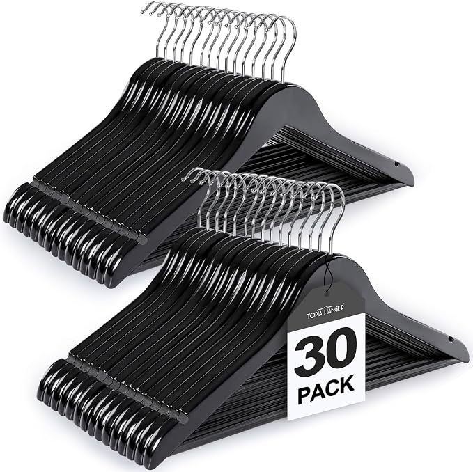 TOPIA HANGER Wooden Coat Hangers 30 Pack, Black Wood Suit Hangers with Non Slip Pants Bar, 360° Swivel Hook and Shoulder Notches for Camisole, Jacket, Pants, Smooth Finish Clothes Hangers -CT34B30 by TOPIAHANGER