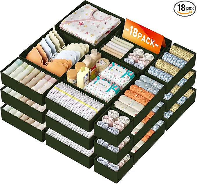 DIMJ Drawer Organizer Clothes Storage - 18 Pack Baby Dresser Organizer for Nursery, Foldable Closet Drawer Organizer Bins for Bedroom Organization, Fabric Storage Dividers for Socks, Underwears, Green by DiMJ