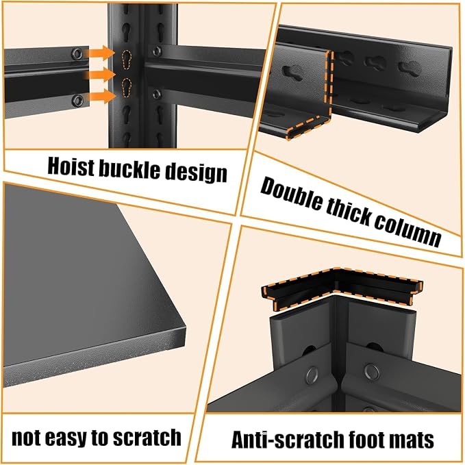Garage Shelves,45''W Heavy-Duty Storage Shelves, Double-Layer Uprights, Thickened Shelves, Waterproof &Rustproof, Suitable for Indoor & Outdoor Use. (BLACK, 5TIER 45''W*16''D*72''H, 5-TIER) - Image 7