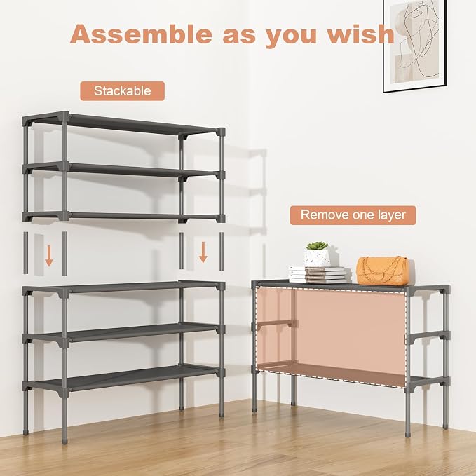 34" Widening Design Shoe Rack for Closet 16 Pairs Small Spaces Non-Woven 3 Tier Shoe Organizer Stackable Metal Shoe Shelf for Entryway, Bedroom Grey - Image 5