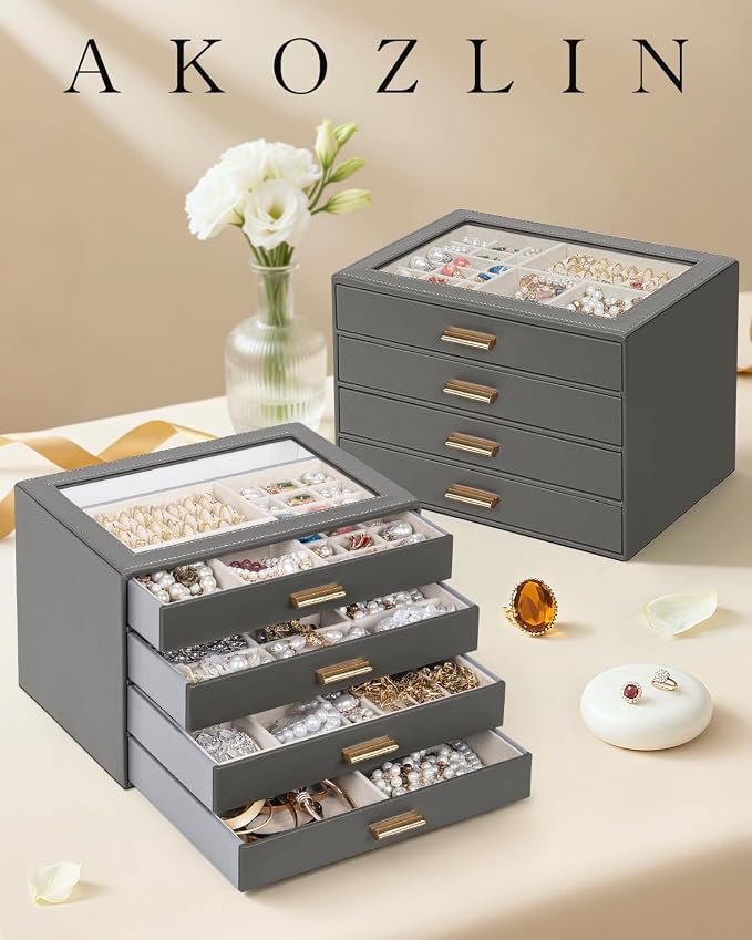 AKOZLIN Jewelry Box with Clear Lid Functional Leather Jewelry Storage Organizer Case 4 Drawers for Women Girls Necklace Ring Bracelet Earring DarkGrey - Image 7