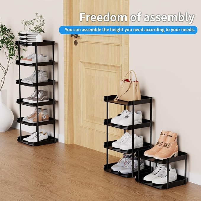 6 Tier Vertical Narrow Shoe Rack, Stackable Tall Skinny Shoerack, Compact Single Shoes Storage Tower for Slim Space, Corner Plastic Shelves, for Hallways, Entryway, Bedrooms Organizer, Black - Image 4