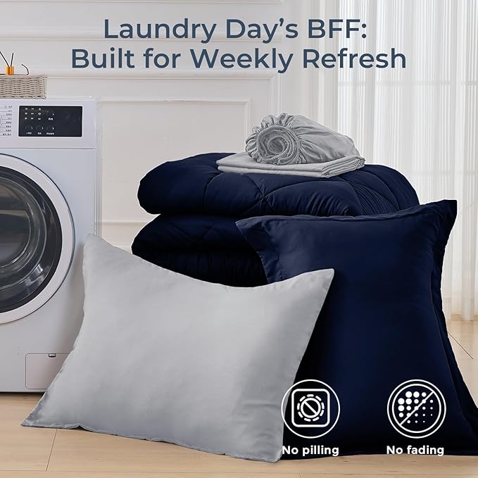 HEVUMYI Twin Comforter Set - 5-Piece All Season Bed in a Bag Twin, Ultra Soft Bedding Set with Comforter, Flat Sheet, Fitted Sheet, Pillowcases, Pillow Shams, Navy Blue & Light Grey