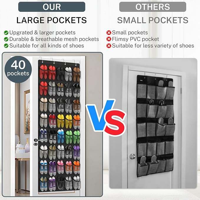 Over the Door Shoe Organizer,40-Pocket Hanging Shoe Rack for Closet Door,Shoes Storage Holder Hanger with Large Mesh Pocket for Women Men Shoes,Flip Flops(Black) - Image 6