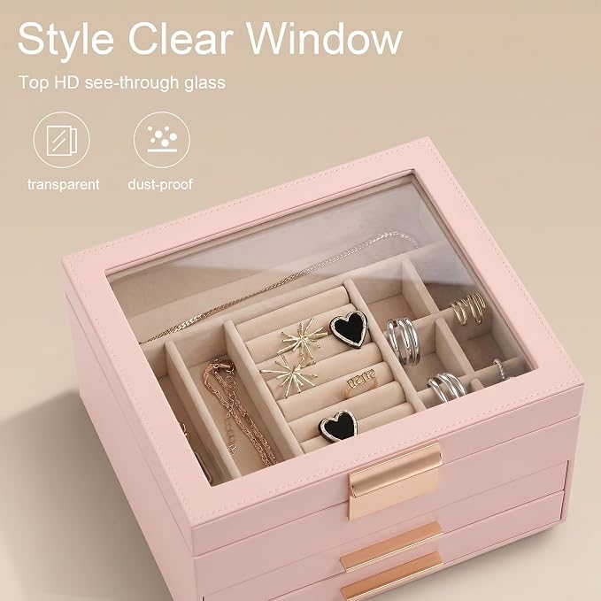 Somduy Jewelry Box Organizer for Women,3 Layers Jewelry Storage Display Box with Glass Lid,Gift for Christmas,3 Drawers,Large Capacity for Necklace Earrings Bracelets Rings,Pink - Image 5