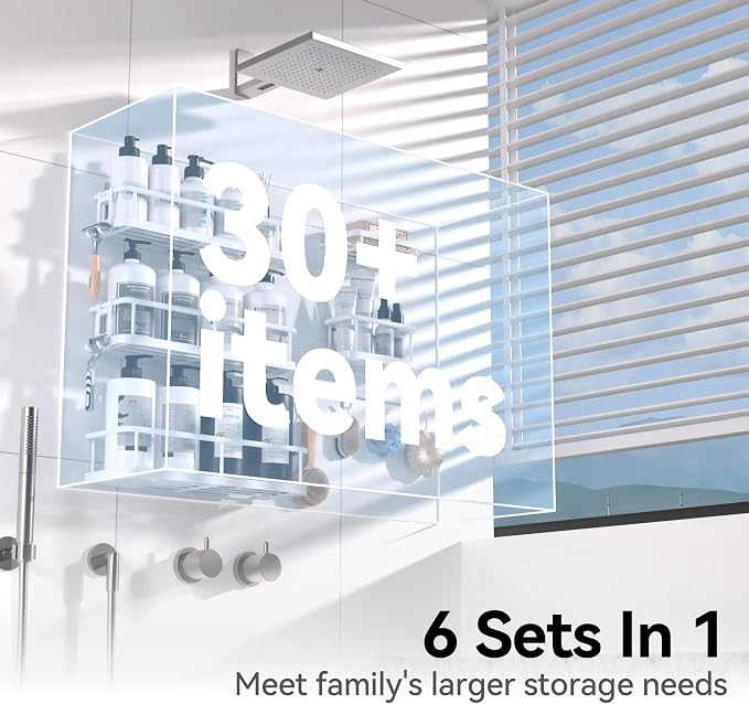 YASONIC Shower Caddy, 6 Pack Large Capacity shower organizer with Soap Holder and 12 Hooks, Rustproof Shelves for Inside Shower, No Drilling&Sleek Bathroom Organizers and Storage White - Image 3