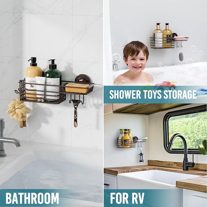 TAILI Shower Caddy Suction Cup with Hooks & Soap Holder, Heavy Duty Bathroom Shower Organizer, No Drilling Shelves for Inside Bathroom, Brown Metal Storage Holder - Image 6