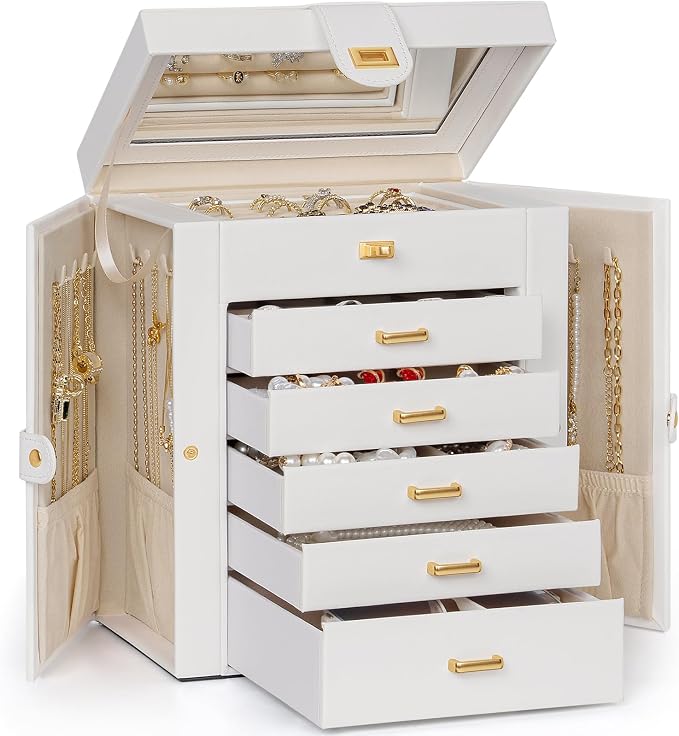 AKOZLIN 6-Tier Jewelry Box Organizer Functional 5 Drawers Leather Jewelry Storage Case for Women Girls Ring Necklace Earring Bracelet Holder Organizer with Mirror White by AKOZLIN