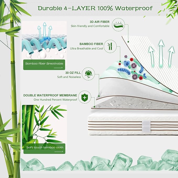 GRT King Waterproof Mattress Protector Rayon Bamboo - 3D Air Fiber Cooling Mattress Cover Breathable Ultra Soft, Mattress Pad Noiseless Fits up to 26'' Deep Pocket Washable