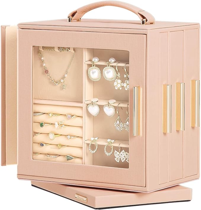 Homde Jewelry Box 360° Rotating, Necklace Earring Organizer with Transparent Window, Mirror, 7 Drawers, Large Ring Display Storage Case for Girls Women (Peach Pink) by Homde