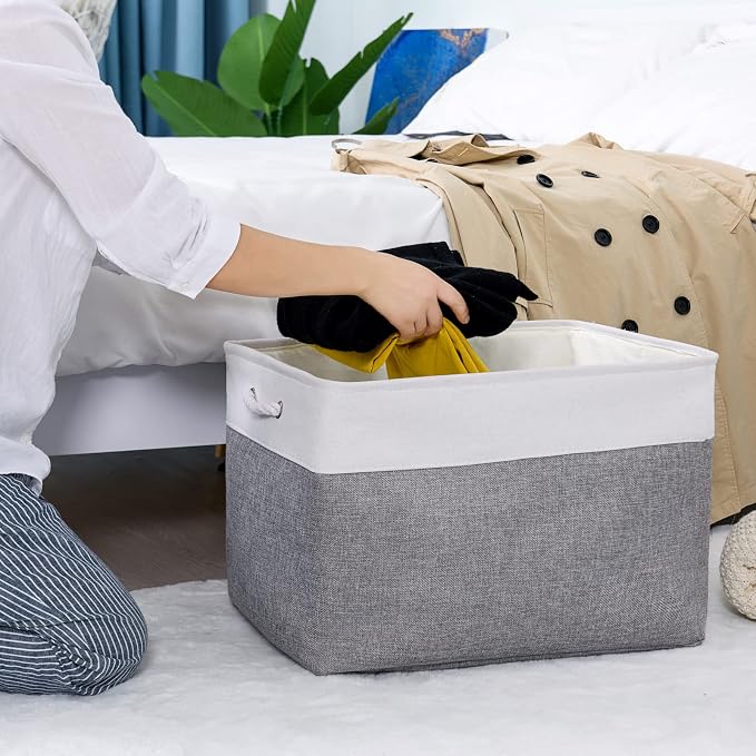 TheWarmHome Storage Bins Baskets for Organizing, 20.5L×15.7W×13.8H 3 Pack Sturdy Fabric Storage Basket W/Handles, Decorative Foldable Storage Baskets for Shelves Closet Nursery Toy (White & Grey) - Image 6