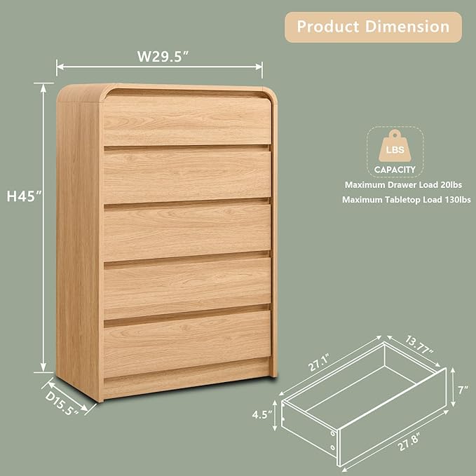 Aitjunz Modern 5 Drawers Dresser for Bedroom, 45" Tall Dressers & Chests of Drawers w/Curved Profile Design, Wood Mid Century Vertical Dresser w/Natural Texture for Bedroom, Living Room, Natural Oak