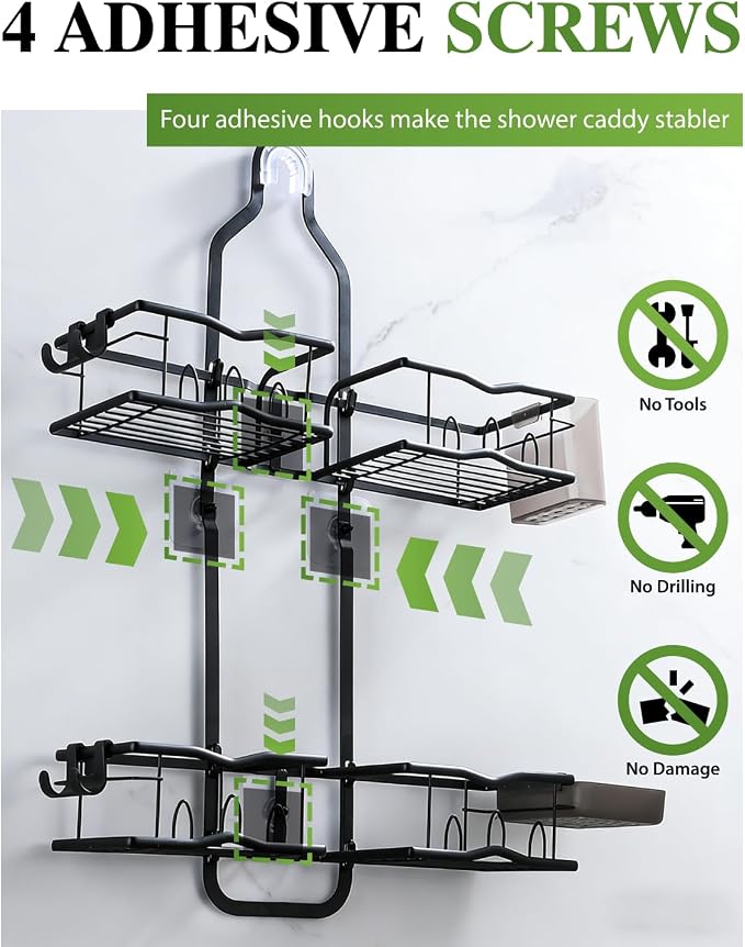 Shower Caddy Hanging – Rustproof Shower Organizer Hanging for Inside Shower – Over the Showerhead Rack with Soap Holder & Razor Hooks, No Drilling Bathroom Shower Shelves and Storage, Black - Image 7