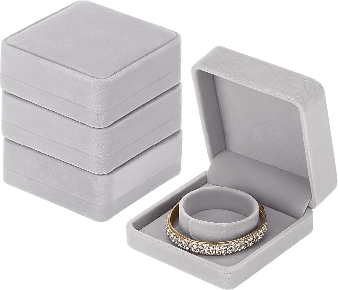 LETURE 4 Pieces Classic Velvet Bracelet Bangle Pendant Necklace Gift Box, Travel Jewelry Box Display Storage Case for Gift, Wedding, Engagement, Proposal, Birthday (4PCS Bracelet-GREY) - Image 3
