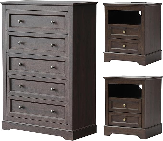 KIGOTY Farmhouse Bedroom Set, 3 Pcs Dresser and Nightstand Sets, 5 Drawer Dresser & 2 Drawer Nightstand Set with Charging Station,Rustic Wood Bedroom Furniture Set for Home,Brown