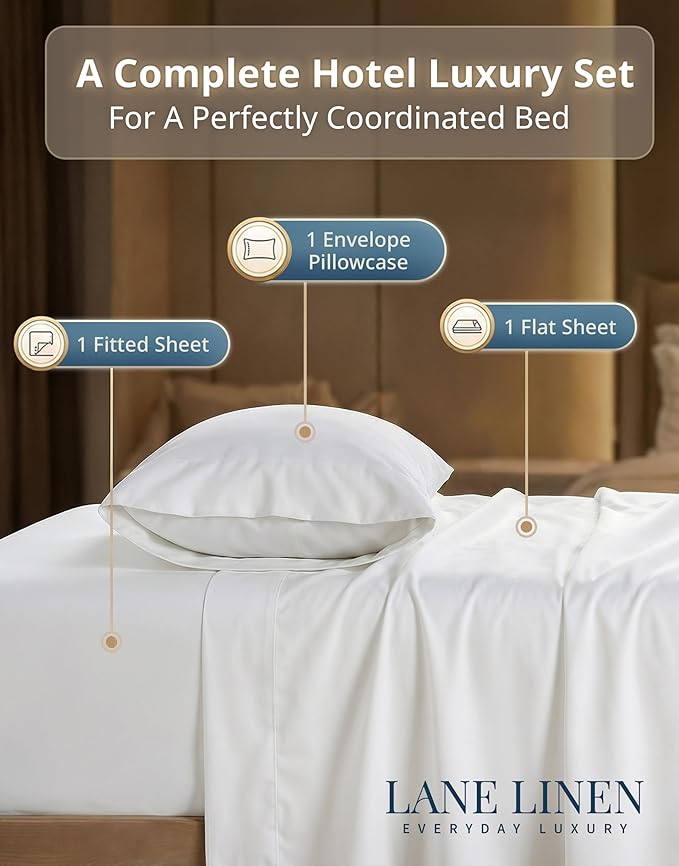 LANE LINEN Twin Sheets Set - 600 Thread Count Premium Sateen Weave for Gentle Feel On Your Skin - 100% Cotton Sheet Set for Hotel Quality Softness - Fits Mattresses Upto 15'' Deep - White