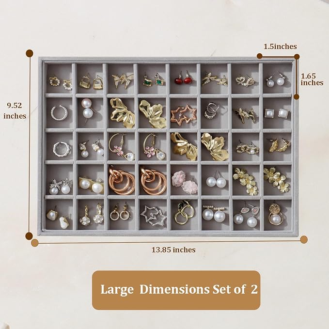 Large Velvet Jewelry Tray 2 Pack Stackable Jewelry Display Drawer Inserts Trays Organizer for Earring Bracelet Necklace Ring (Gray, 40 Grids) - Image 4