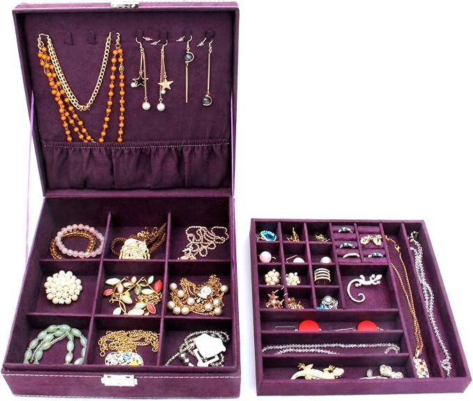 Two-Layer Jewelry Box Organizer Display Storage case with Lock (Purple) - Image 3