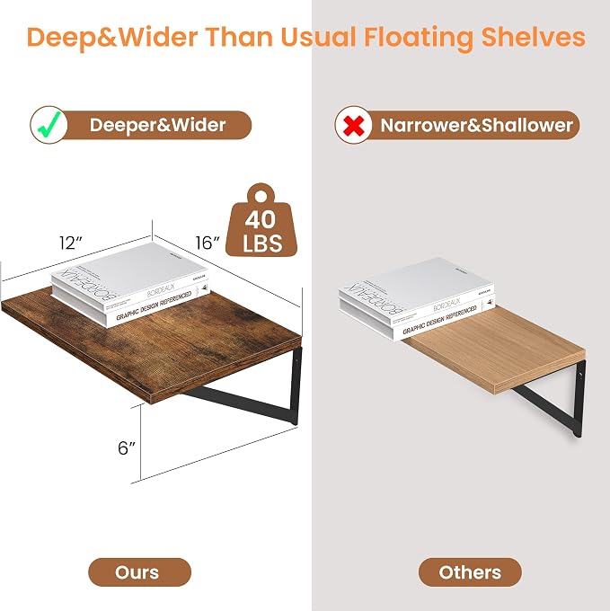 Heimlove Deep Floating Shelves for Wall, 16W x 12D Wood Wall Shelves Set of 2, Wide Floating Bookshelf for Living Room, Kitchen, Office, Bedroom and Decor Storage, with Metal Bracket - Rustic Brown - Image 3