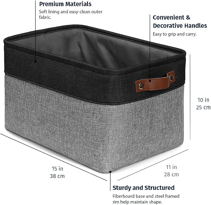 OrganiHaus Large Fabric Storage Baskets for Shelves 3 Pack, 15x11in Closet Storage Bins, Canvas Storage Bin for Organizing, Cloth Baskets, Linen Closet Organizers, Gray/Black - Image 2