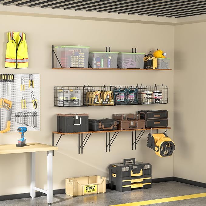 ThreeHio 2 Pack Garage Shelves Wall Mounted with Wire Storage baskets, Heavy Duty Garage Wall Shelving with Hooks, Wooden floating shelves Tool Organizer for Home Garden Garage Organizers and Storage - Image 5