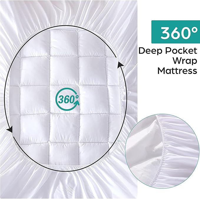 WhatsBedding Waterproof Mattress Pad King Size Cotton Top Down Alternative Filling Pillowtop Mattress Topper Cover-Fitted Quilted (Waterproof King)