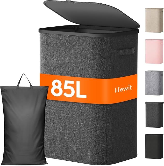 Lifewit 85L Large Laundry Basket with Lid, Laundry Hamper with Plastic Handles and Removable Bag, Foldable Tall Dirty Clothes Hampers for Laundry for Laundry Room, Bedroom, Bathroom, Dorm, Dark Gray by Lifewit