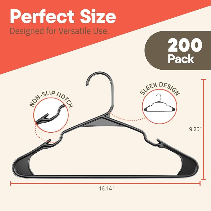 Gray Plastic Hangers 200 Pack– Heavy-Duty Plastic Hangers Slim and Space-Saving, Durable and Lightweight PP with Non-Slip Shoulder Notches for Slip Dresses, Suits, Jackets & Camisoles - Image 2