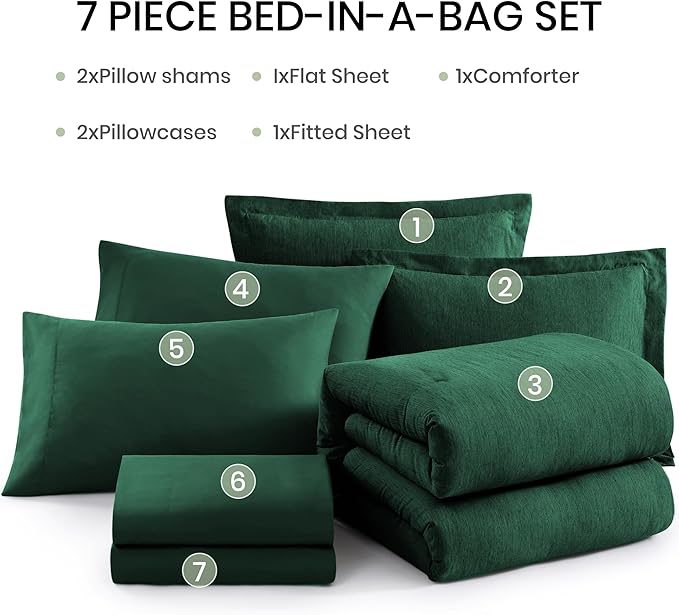 Monbix Full Size Comforter Set, Emerald Green Bedding Comforter for Full Size Bed Set Reversible, Bedding Sets Full 7 Pieces, Cationic Dyeing Bed in a Bag with Comforter, Sheets, Pillowcases & Shams