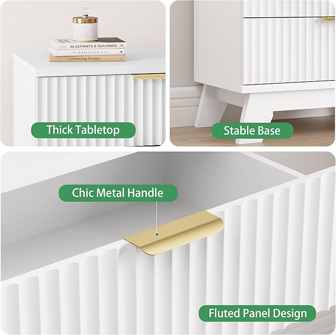 Fluted Dresser for Bedroom with 3 Drawers, 24" Wide Modern Chest of Drawers with Metal Handle, Wooden Dresser TV Stand, Wood Closet Clothes Storage Drawer Organizer for Living Room, Hallway, White