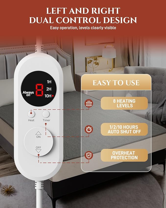 Heated Mattress Pad Queen Size – Electric Bed Pad with Dual Zone Control, Heated Mattress Cover, Thick Underblanket Sheet, Bed Warmer (09 Grey, 60" x 80")