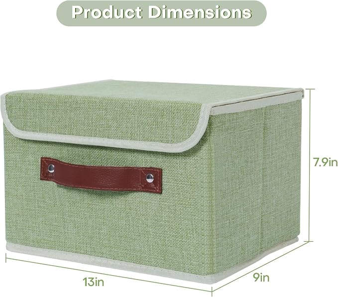 ANMINY Storage Bin with Lid Storage Boxes with PU Leather Handles PP Plastic Board Decorative Foldable Lidded Cotton Linen Fabric Home Cubes Baskets Closet Organizer Container - Green, Medium - Image 5