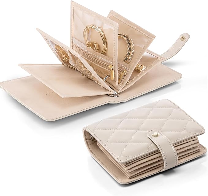 VLANDO Mini Travel Jewelry Organizer Case,Portable Jewelry Organizers Storage Book with Clear Zipper Velvet Jewelry Pouch Bag for Travel Essentials,Ring,Earring-Cream White by VLANDO