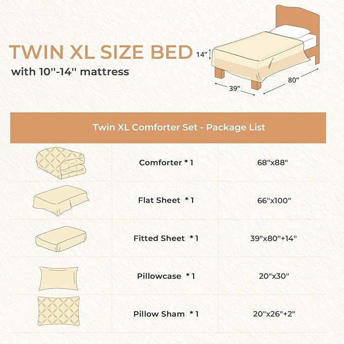 Sasttie Twin XL Comforter Set, 5-Piece Bed in a Bag, Pintuck Bedding Sets for All Season, Includes Comforter, Flat Sheet, Fitted Sheet, Pillowcase and Pillowsham, Beige