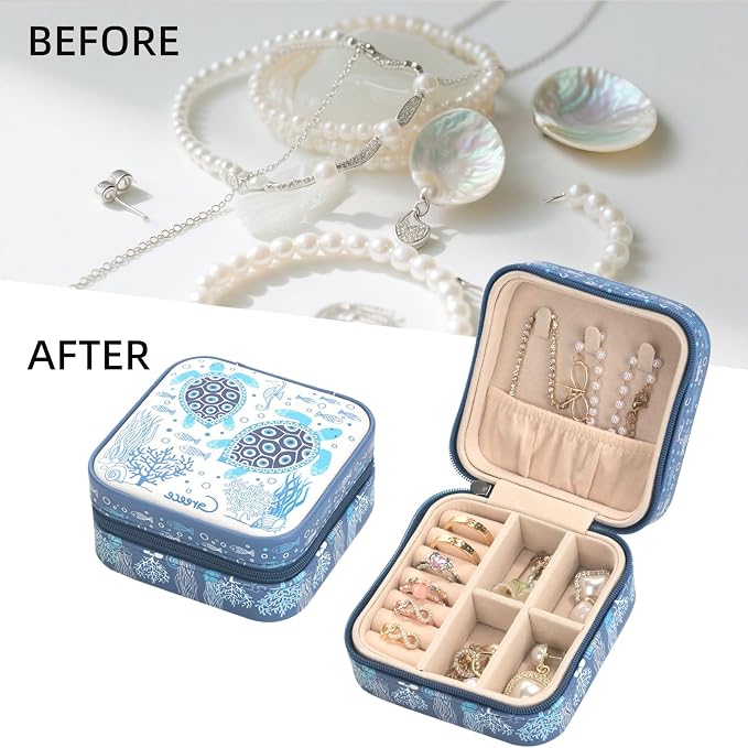 shunmei Mini Travel Jewelry Box,PU Leather Portable Jewelry Organizer Case,Art Accessories Storage Holder Boxes for Earring, Necklace, Rings, Bracelets (Turtle) - Image 7
