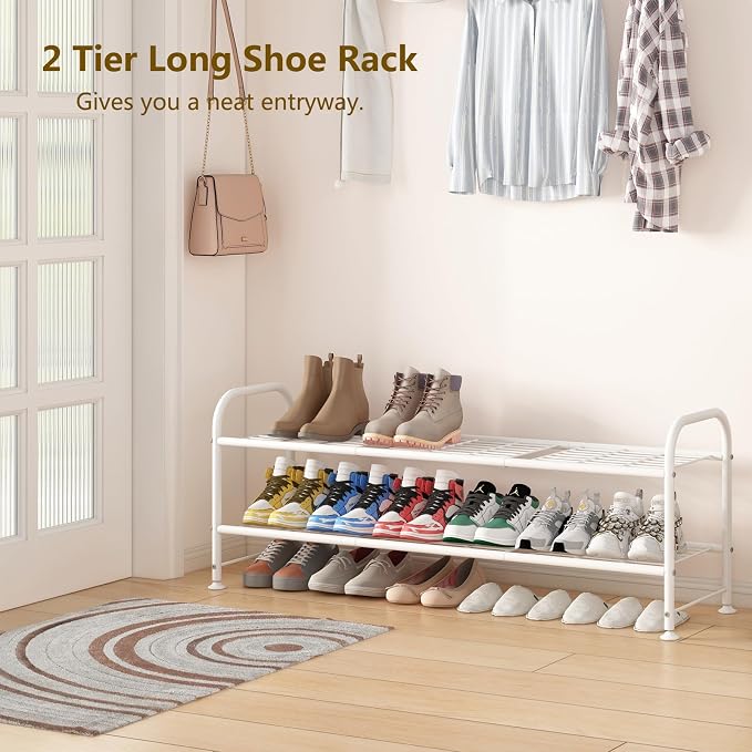 LINZINAR Shoe Rack Long 2 Tier Shoe Storage Organizer Metal Wide Shoe Shelf for Closet Entryway Bedroom 18 Paris Large Capacity, White - Image 4