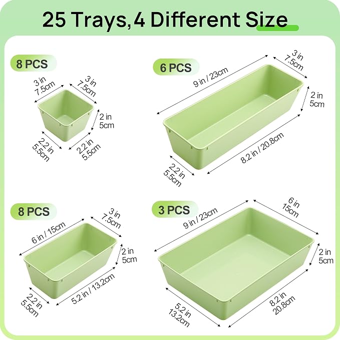 Vtopmart 25 PCS Plastic Drawer Organizers Set, 4-Size Versatile Bathroom and Vanity Drawer Organizer Trays, Storage Bins for Makeup, Bedroom, Kitchen Gadgets Utensils and Office - Image 2