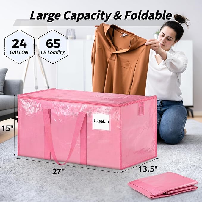 16 Pack Extra Large Heavy Duty Moving Bags, Pink Storage Bins with Lids, Reinforced Handles & Heavy-Duty Zippers Moving Boxes Storage Bags Totes for Clothes Packing, Dorms, College Supplies, Pink - Image 2