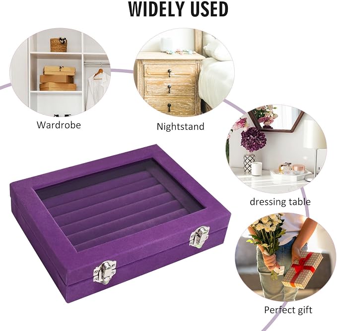 Vicoter Rings Organizer Tray 7 Slots Velvet Jewelry Earring Storage Box with Transparent lid Jewelry Display Case for Girls Wife Mom Women (Purple) - Image 6