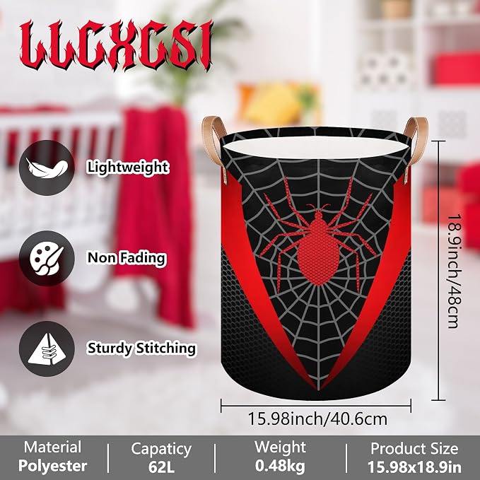 Black Spider Web Large Laundry Hamper Basket, Round Collapsible Storage Organizer Bin for Kids, Boys, Nursery, Closet, Bedroom, Playroom, Toys, Dirty Clothes, 16" W x 20" H - Image 2