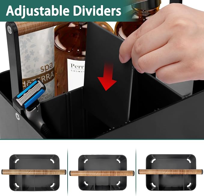 BYUNER Portable Shower Caddy Dorm: Bathroom Caddy Organizer with Handle and Adjustable Dividers,Plastic Shower Basket for Toiletry,Makeup,Vanity,Shower Storage Tote for College, Cleaning Caddy, Black - Image 4