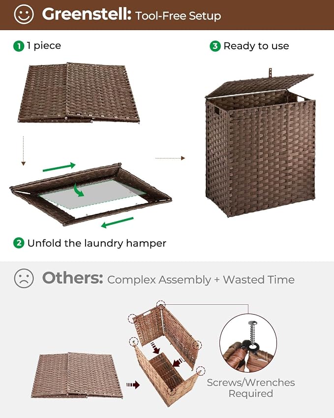 Greenstell Laundry Hamper with lid, No Install Needed, 110L Wicker Laundry Baskets Foldable 2 Removable Liner Bags, 2 Section Clothes Hamper Handwoven Rattan Laundry Basket with Handles, Brown - Image 5