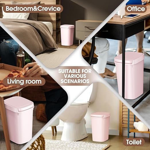CEROELDA 3 Pack Bathroom Trash Can with Lid, 10L/2.6 Gal Small Garbage Can with Press Top Lid, Slim Plastic Waste Basket for Toilet, Office, Bedroom (Pink) - Image 6