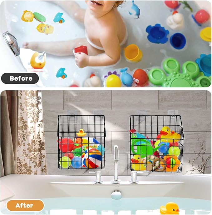 Greentainer 2 Pack Bath Toy Storage Organizer, Large Rustproof Metal Wire Basket, Wall Mounted Hanging Bathtub Holder, Bathroom Shower Caddy for Tub Toys & Toiletries - Image 4
