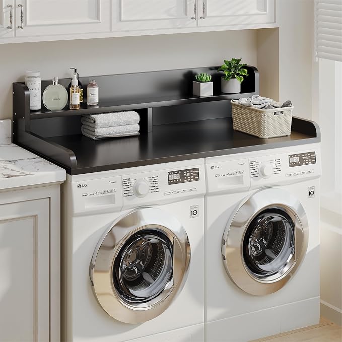 2-Tier Washer Dryer Countertop with 2.75"H Edge Rails, 54" W x 27.55" D Laundry Countertop for Folding Clothes, Washer and Dryer Topper with Non-Slip Pad (Black) - Image 6