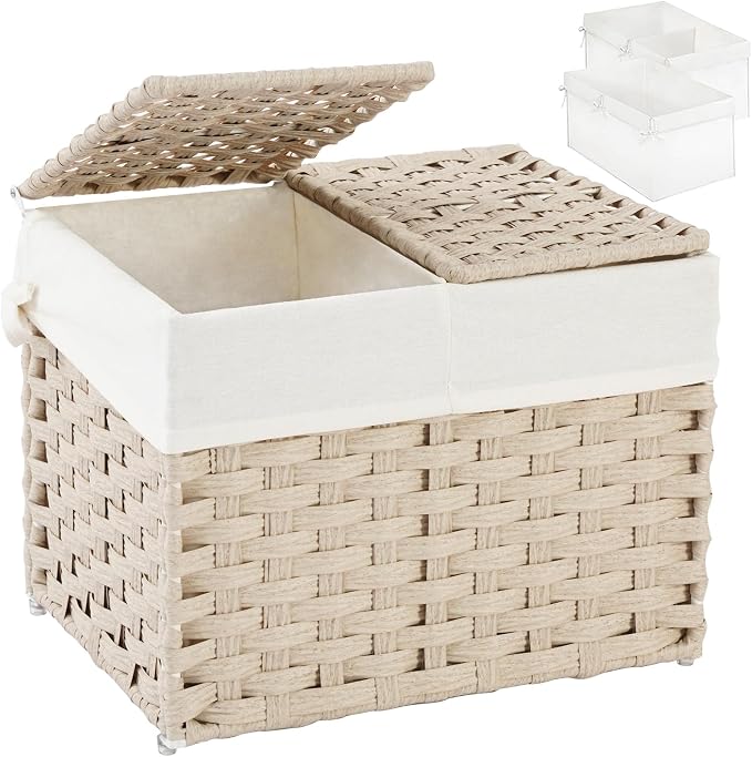 SETVSON Storage Basket with Lid Woven Wicker Baskets with 2 Separate Lid, 9.2 Gallon (35 L) Wicker Storage Bins with Handles, Foldable and 2 Removable Liner Bags for Bedroom, Laundry Room Light Khaki by SETVSON