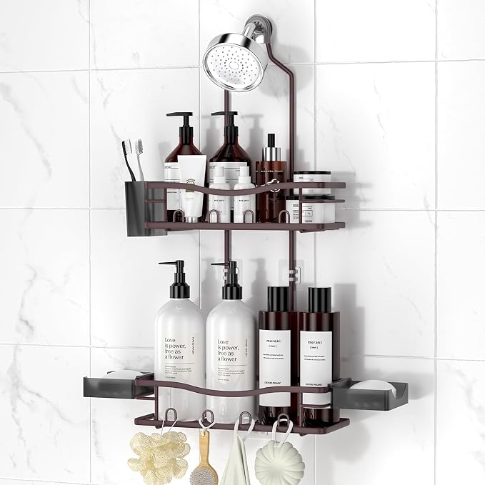 REINHARDT Shower Caddy Hanging, Rustproof Shower Caddy Anti-Swing Shower Organizer No Drilling Showers Racks with Soap Holder Multi Hooks Bathroom Storage for Shampoo Sponge, Bronze by REINHARDT