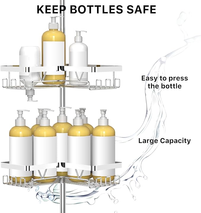 KEGII Corner Shower Caddy Tension Pole - Chrome 4-Tier Adjustable Shower Tension Rod Organizer with Hooks & Soap Holders, 25-114.2 Inch Stainless Steel Shower Storage Rack for Renters & Family - Image 4