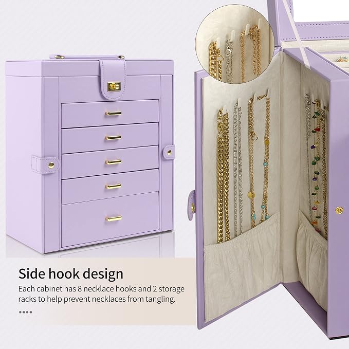 AKOZLIN Large Jewelry Box Organizer Functional with Big Mirror, Leather Jewelry Storage Case for Women Girls Ring Necklace Earring Bracelet Holder Organizer Violet - Image 6